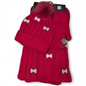 Cherry Red Knit Scarf, Glove & Hat Set with Silver Bows